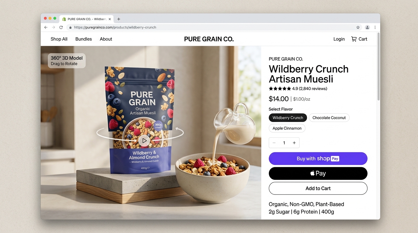 Shopify Plus Organic Muesli 3D Storefront Mockup